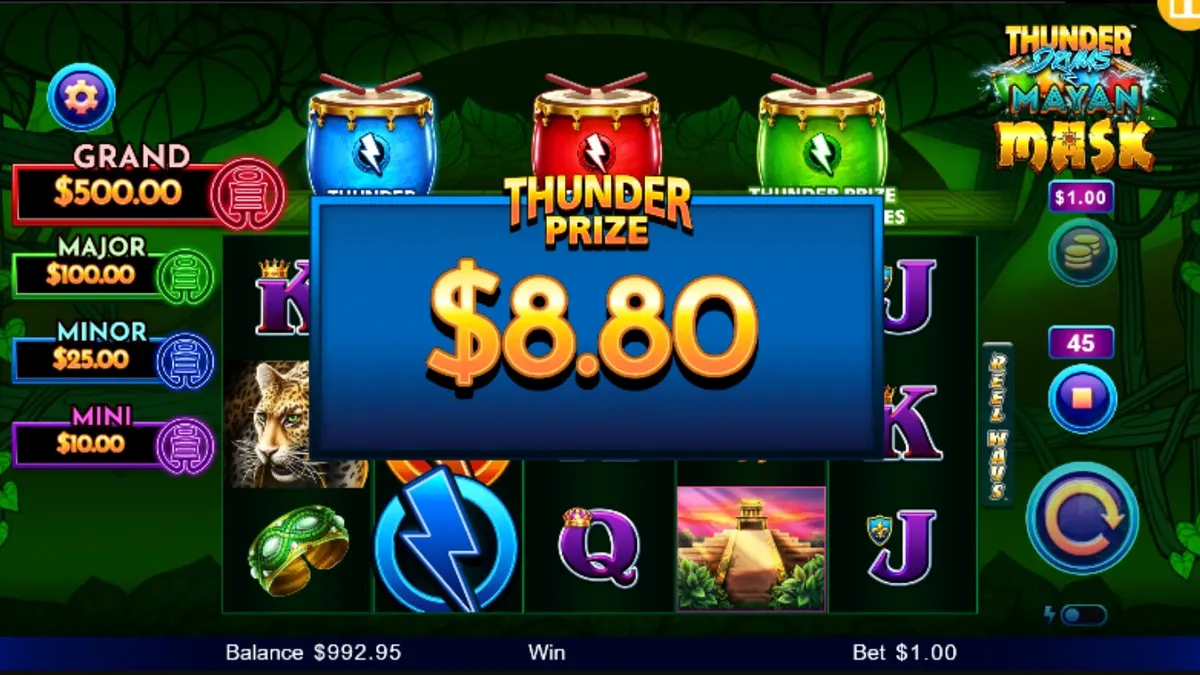 Thunder Drums Mayan Mask slot theme with golden masks and ancient jungle temple